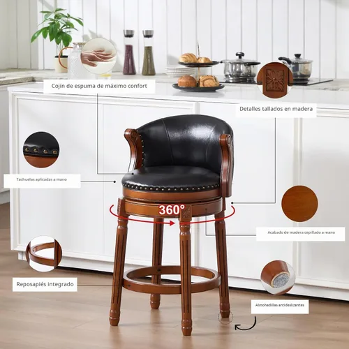 Vista 5 de RAINMOOD Taburete de bar, taburetes de bar giratorios de estilo moderno de mediados de siglo con asiento de cuero y patas de madera, silla