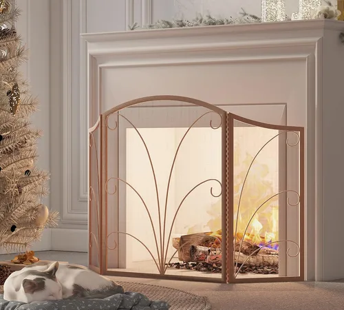 Vista 3 de Kingson - Pantalla para chimenea de 3 paneles con arco, a prueba de niños, decorativa, hecha a mano, de hierro forjado con espiral, cubierta Bronce