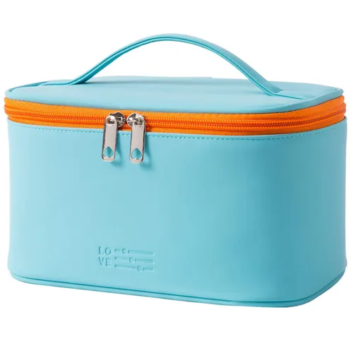 Vista 19 de Bolsa de maquillaje pequeña para mujeres, con cremallera, organizador, impermeable, bonita (azul claro)