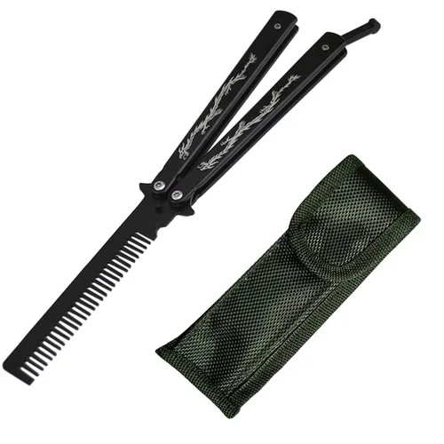 Vista 4 de cuchillo mariposa de acero inoxidable con tótem de dragón, entrenador con peine (negro)