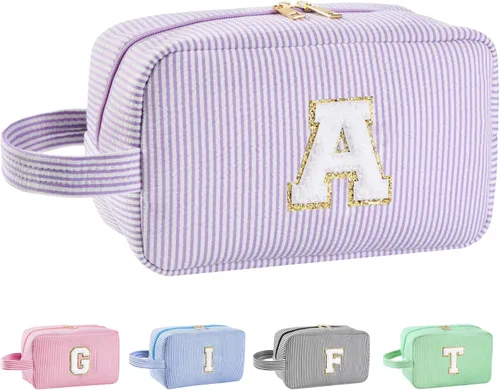 Vista 46 de Bolsa de maquillaje personalizada con inicial A-Z para mujeres, niñas y niños, bolsa de aseo de viaje, bolsa de maquillaje preparada, bolsa