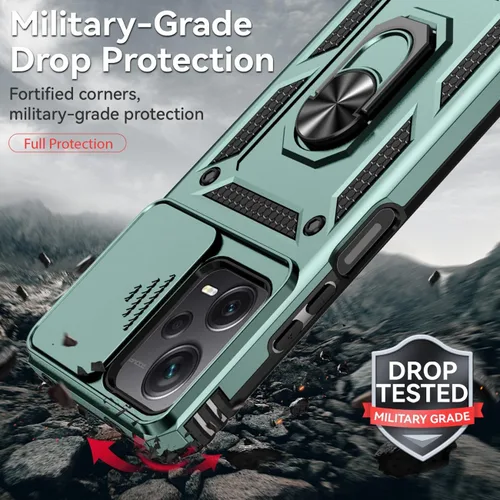 Vista 7 de Funda para Redmi Note 12, Poco X5 5G con protector de pantalla de vidrio templado y cubierta de cámara deslizante, anillo magnético soporte de Verde