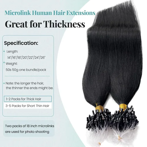 Vista 4 de Extensiones de Cabello Micro Link Negro Extensiones de Cabello Micro Loop Cabello Humano Real Paquetes Sin Trama Fusión Fría 50s 50g #1 Negro M#Jet
