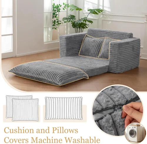 Vista 5 de Sofá Cama de Dos Plazas, Sofá Cama Convertible Sillón Futón para Sala de Estar, Sofá de Piso Extraíble 3 en 1 con Cojín y Almohadas, Gris Oscuro