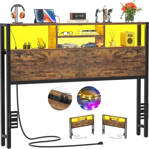 Vista 17 de Cabecero Aheaplus para Cama Individual con Almacenamiento, Cabeceros con Enchufes, Puertos USB y Luz LED, Cabecero Individual Solo, Altura