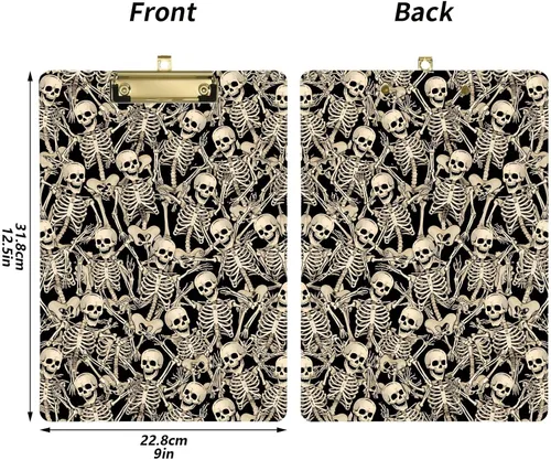 Vista 2 de ALAZA Fun Skeletons - Portapapeles de acrílico tamaño carta A4 con clip de perfil bajo para oficina en casa, hombres y mujeres, clip de color dorado