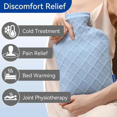 Vista 6 de Botella de agua caliente con tapa suave, bolsa de agua caliente de 2 L, terapias calientes y frías para dolores musculares, calambres menstruales