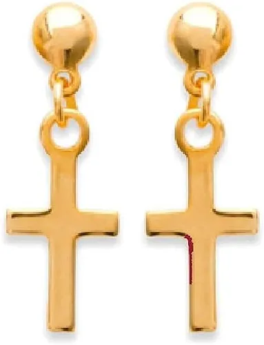 Vista 2 de Cruz chapado en oro de 18 quilates con chaqueta o aretes colgantes I religiosos pequeños aretes para hombres y mujeres 0.4 x 0.2 pulgadas I