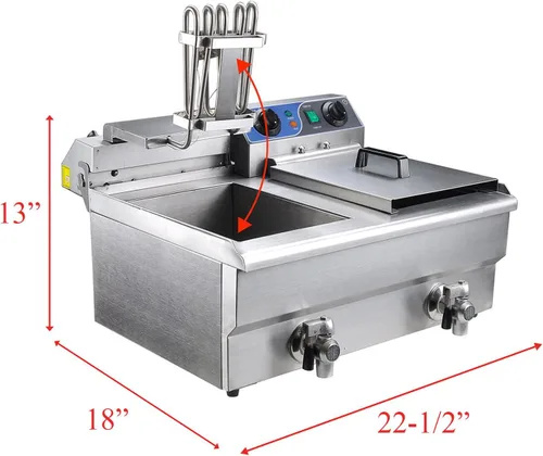 Vista 2 de Freidora eléctrica comercial de acero inoxidable con drenaje y cesta (20L, tanque doble plateado)