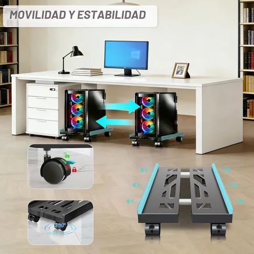 Vista 3 de Soporte de PC, soporte móvil para CPU para piso, soporte enrollable ajustable para CPU, soporte de torre de computadora debajo del escritorio, Negro