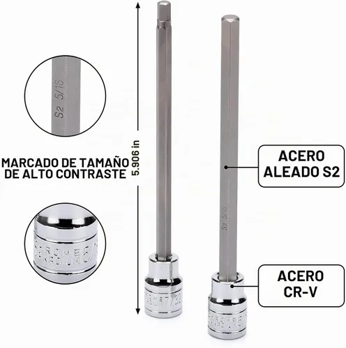 Vista 3 de EMENTOL 10 piezas 3/8" impulsor juego de vasos largos con punta hexagonal, CR-V, acero S2, SAE, longitud 5.9 pulgadas, juego de vasos hexagonales