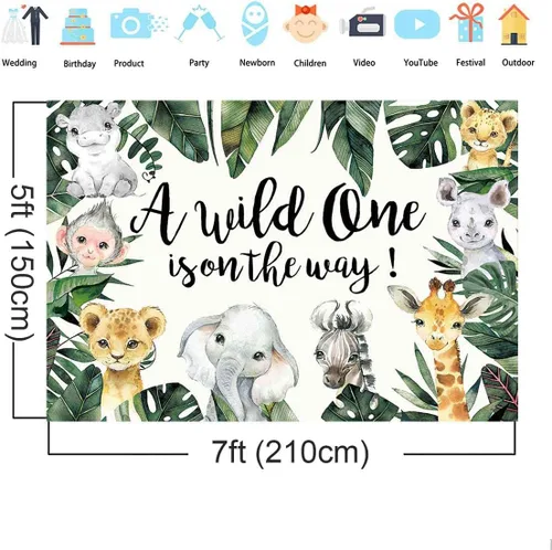 Vista 5 de Wild One - Telón de fondo para baby shower, decoración de fondo de fiesta de safari en la selva, vegetación tropical, animales de zoológico, niños