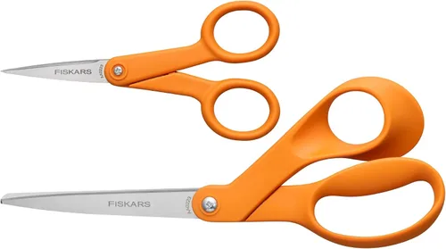 Vista 12 de Fiskars Tijeras con mango naranja de corte recto, hojas de acero inoxidable, mango ambidiestro de doble asa