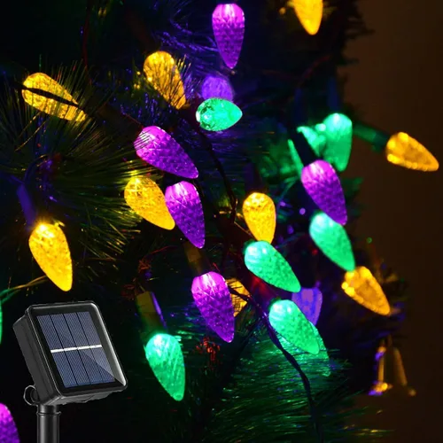 Vista 9 de Luces solares de Navidad para exteriores, cadena de luces C6 de fresa, luces de Mardi Gras, 100 LED, 8 modos, impermeable, uso al aire libre