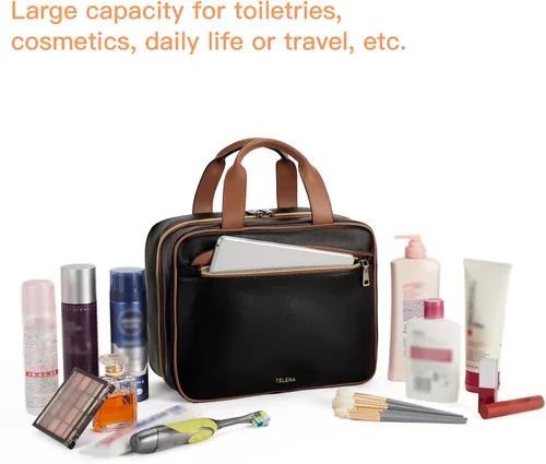 Vista 7 de Telena Neceser de viaje para mujer con gancho para colgar, bolsa de cosméticos resistente al agua, organizador de viaje para accesorios, artículos