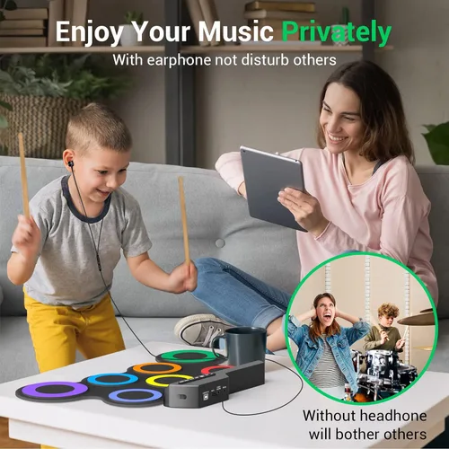 Vista 3 de Juego de batería eléctrica, 7 almohadillas electrónicas para niños con auriculares incluidos, almohadilla de práctica de tambor enrollable, gran 3-8