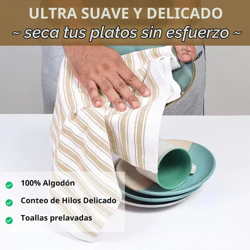 Vista 6 de Native Fab Toallas de Cocina de Algodón 100% Beige - 16x26 pulgadas - Juego de 12 - Toallas de Platos con Tejido de Canasta a Rayas para Limpiar