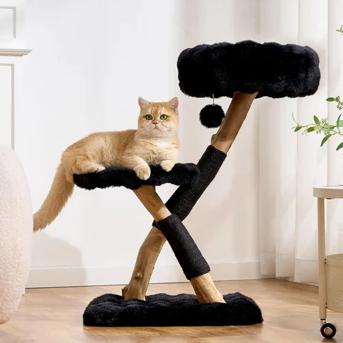 Vista 12 de Árbol para gatos de madera natural para gatos adultos de interior, torre de gatos moderna de 33 pulgadas con cama de felpa súper suave y percha