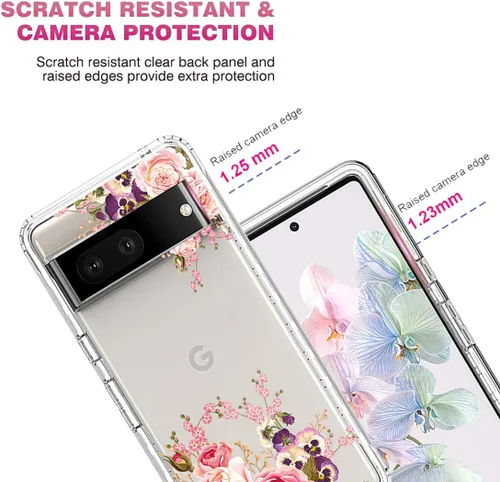Vista 2 de Funda para Pixel 6A, GX7AS con protector de pantalla de vidrio templado, cuerpo completo, transparente, flexible, con protección de diseño floral