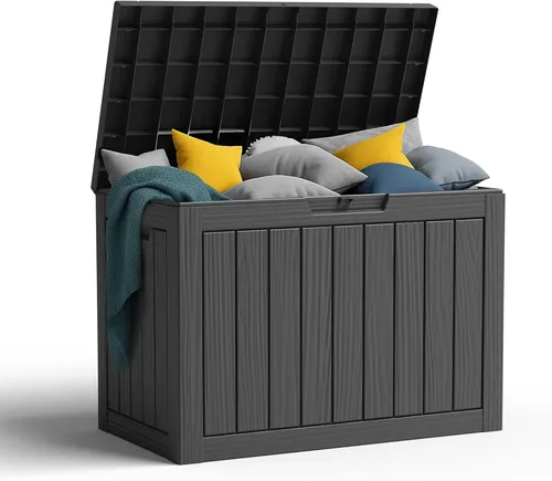 Vista 8 de Caja de resina de 30 galones para terraza, caja de almacenamiento para patio al aire libre con cierre para muebles, herramientas de jardín