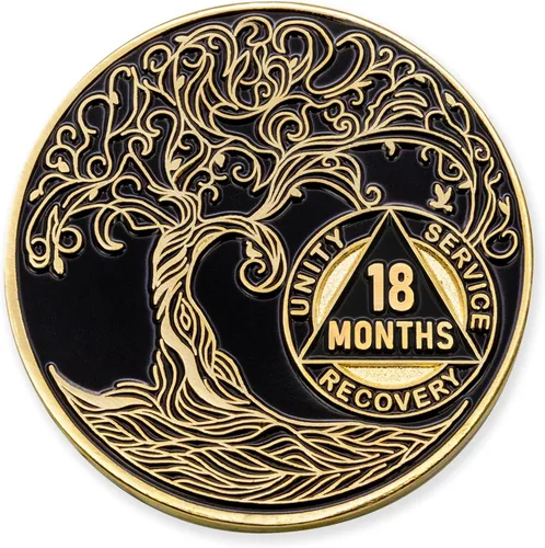 Vista 125 de 1 año Sobriety Mint Twisted Tree of Life Medallón de recuperación AA chapado en oro, chip/ficha - negro