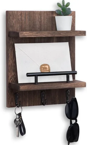 Vista 12 de Soporte de pared para llaves, decoración de estante de correo con 3 ganchos para llaves, organizador de pared de madera versátil para entrada