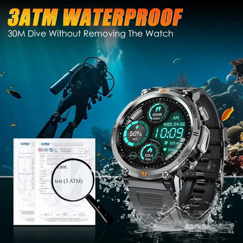Vista 3 de Reloj inteligente militar para hombres táctico resistente Bluetooth llamada Negro