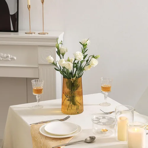 Vista 3 de Jarrón de vidrio ámbar para flores, florero para ramo, jarrones de vidrio modernos, jarrones acanalados para sala de estar, dormitorio, mesa