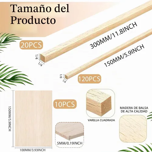 Vista 8 de Kit de manualidades de madera de balsa prémium Barsha Space - 10 hojas sin acabar (10x15cm, 12.7mm) + 140 palos (3mm & 6mm) - Ideal para modelos