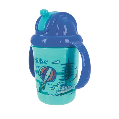 Vista 3 de Nuby Vaso de paja suave con dos asas para entrenamiento sin derrames, Flip-n Sip, paquete de 2: animales y autos azules, viajes acuáticos, animales