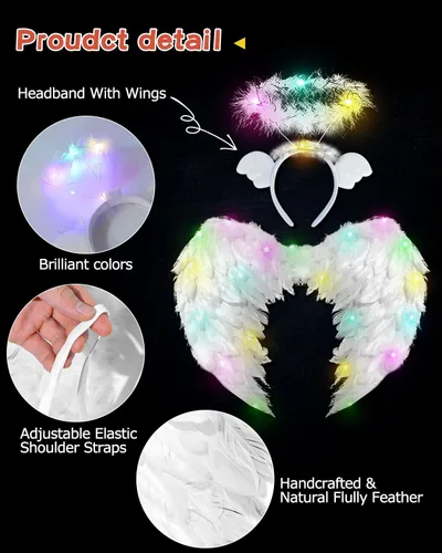 Vista 4 de Toffos Angel Wings for Adult Costume with Halo Headband for Women, Girls Costume Accessories for Halloween Xmas Party