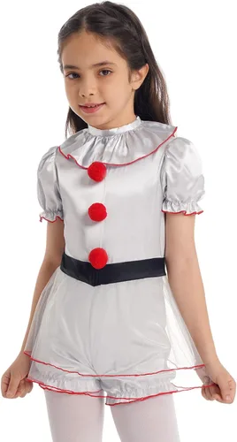 Vista 2 de JEATHA Vestido de leotardo de malla sin mangas con tutú para niñas, disfraz de payaso para Halloween, espectáculo de circo
