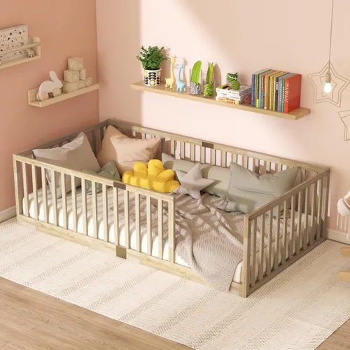 Vista 17 de Cama Montessori de madera tamaño matrimonial con valla de alta Blanco (White F)
