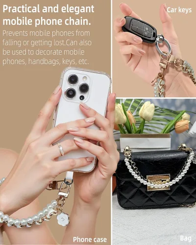 Vista 3 de Correa de muñeca para teléfono con cuentas de perlas, pulsera de teléfono desmontable con lengüeta de sujeción, pulsera universal con cuentas