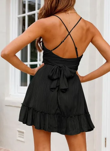 Vista 2 de Dokotoo Vestidos de tirantes delgados para mujer, cuello redondo, lazo, sin mangas, cintura elástica, dobladillo con volantes, acampanado