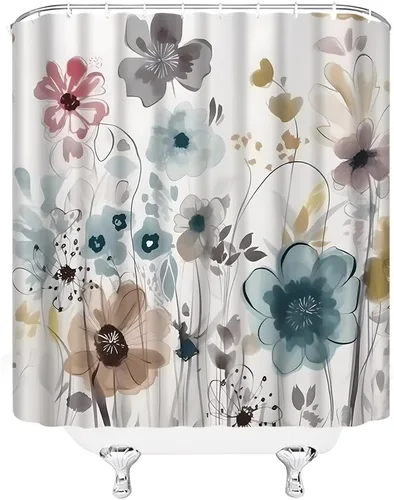 Vista 3 de Cortina de ducha floral azul gris acuarela flor rústico bohemio plantas botánicas flores silvestres casa de campo tela decoración de baño cortina