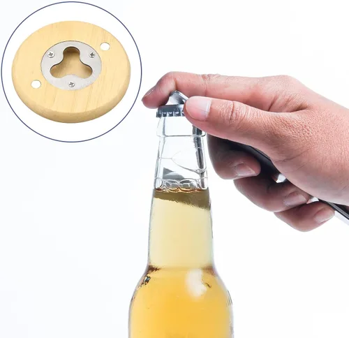 Vista 5 de uxcell Abrebotellas, 2 unidades, abridor de botellas de cerveza de acero inoxidable con mango de madera, abrelatas de cerveza redondo para bares