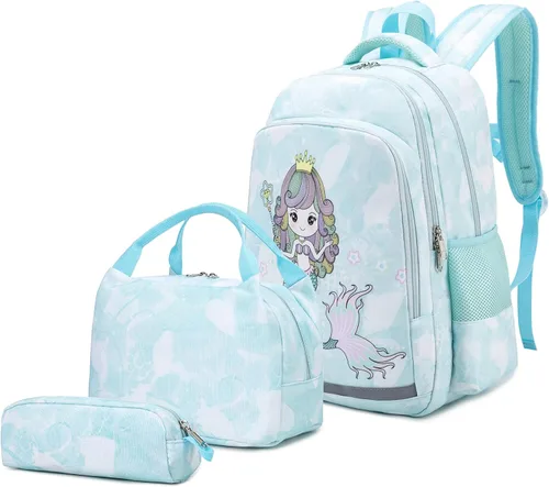 Vista 7 de YCBB Juego de mochilas escolares para niñas, azul, (Blue Mermaid), Mochila, compatible, viaje