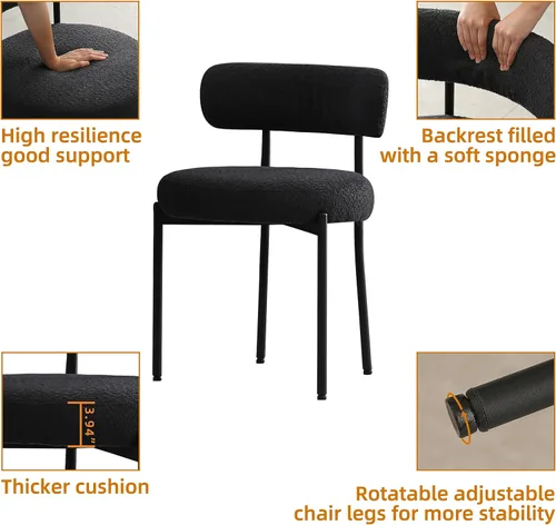 Vista 4 de DYHOME - Juego de 2 sillas de comedor de bouclé negro, sillas de cocina modernas de mediados de siglo con respaldo curvo y patas de metal, sillas