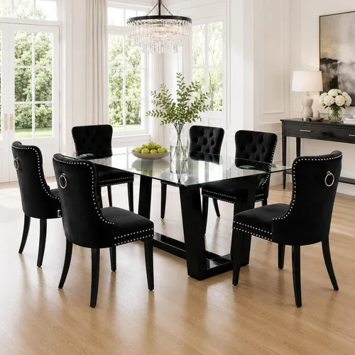 Vista 5 de Ebullient Mesa de comedor de cristal, mesa de comedor moderna, mesa de vidrio templado de 63 pulgadas con patas trapezoidales de MDF negras, mesa