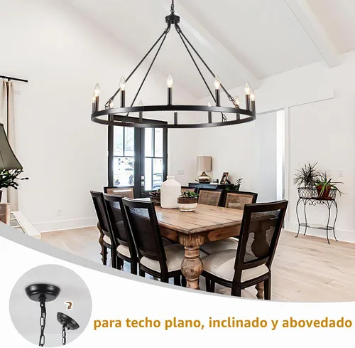 Vista 10 de Candelabro de Rueda de Carro Negro de 38 pulgadas, Candelabros de Rueda de Carro Estilo Granja de 12 Luces Redondo Industrial de Techo Rústico