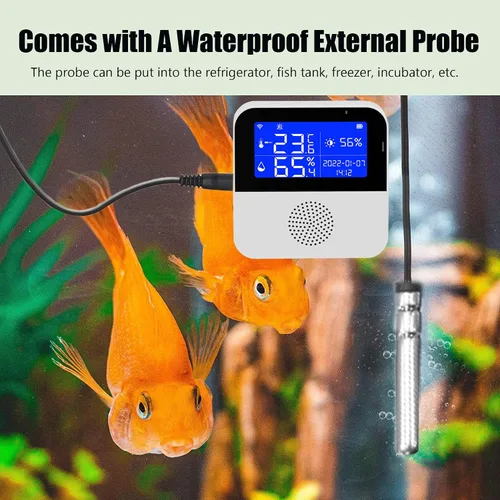 Vista 3 de Termómetro higrómetro WiFi con sonda impermeable: sensor inteligente de humedad de temperatura con pantalla LCD retroiluminada y función