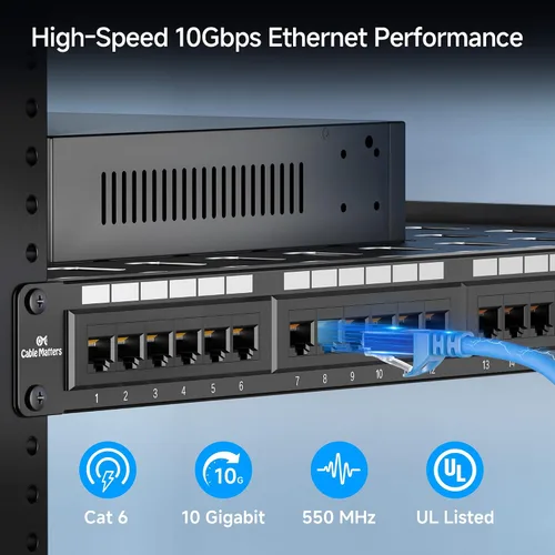 Vista 2 de [Listado UL] Cable Matters Panel de conexiones Cat6 de 24 puertos y 10 Gbps con barra de soporte 1U, montaje en rack o montaje en pared, 19