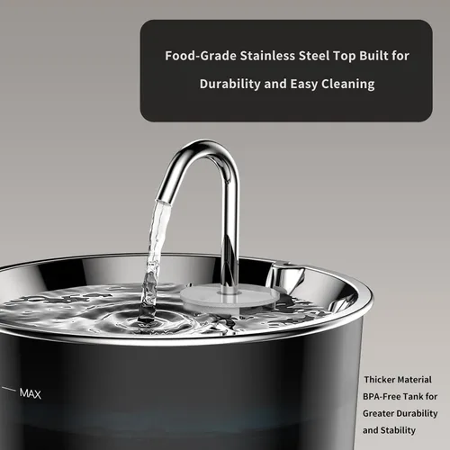Vista 5 de Fuente de agua para gatos de acero inoxidable, fuente de agua para mascotas de 3 L/101 onzas con sistema de filtración circulante de 5 etapas