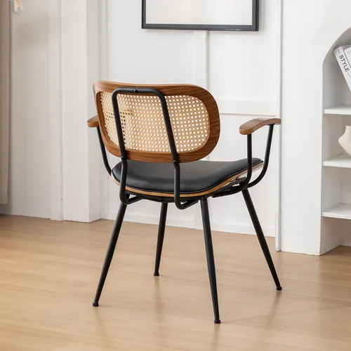 Vista 9 de Juego de 2 sillas de comedor de ratán, sillas auxiliares de cocina modernas de mediados de siglo, sillas de escritorio con patas de metal, sillas