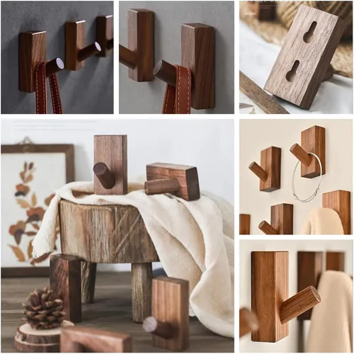 Vista 5 de HomeDo Paquete de 4 ganchos adhesivos de pared para sombreros, ganchos de madera para colgar en la pared, ganchos decorativos individuales