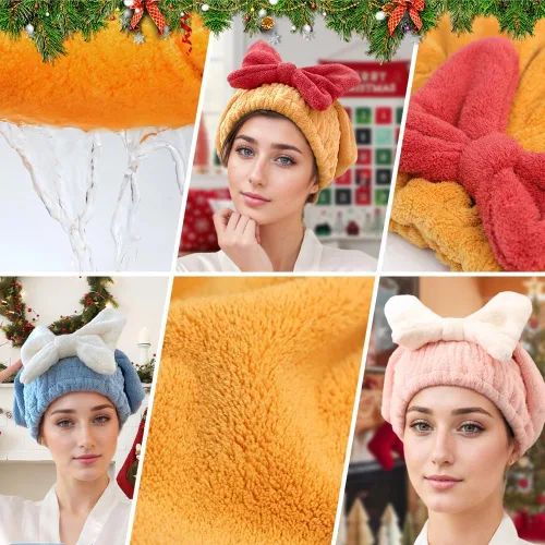 Vista 4 de 2 piezas de gorras de secado de cabello de microfibra, nueva toalla de pelo absorbente de Navidad 2026 para cabello húmedo de mujer, toalla de pelo