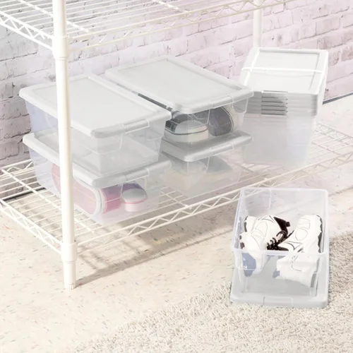 Vista 4 de Sterilite - Paquete de 12 cajas de almacenamiento apilables con tapas a presión; contenedor organizador de plástico resistente para armario, baño