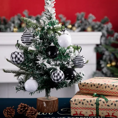 Vista 3 de Deloky 24 adornos de bolas de Navidad a cuadros de búfalo, decoración de lentejuelas blancas y negras de 1.6 pulgadas para árbol de Navidad y fiesta