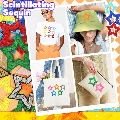 Vista 5 de Parches para planchar con estrellas abiertas para sombreros: funcolor 36 piezas de parches de estrellas de lentejuelas multicolor para bolsas